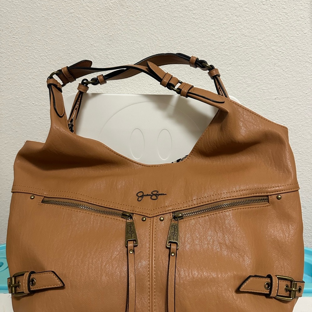 Jessica Simpson Tan Shoulder Bag with Structured Design and Metal Accents
